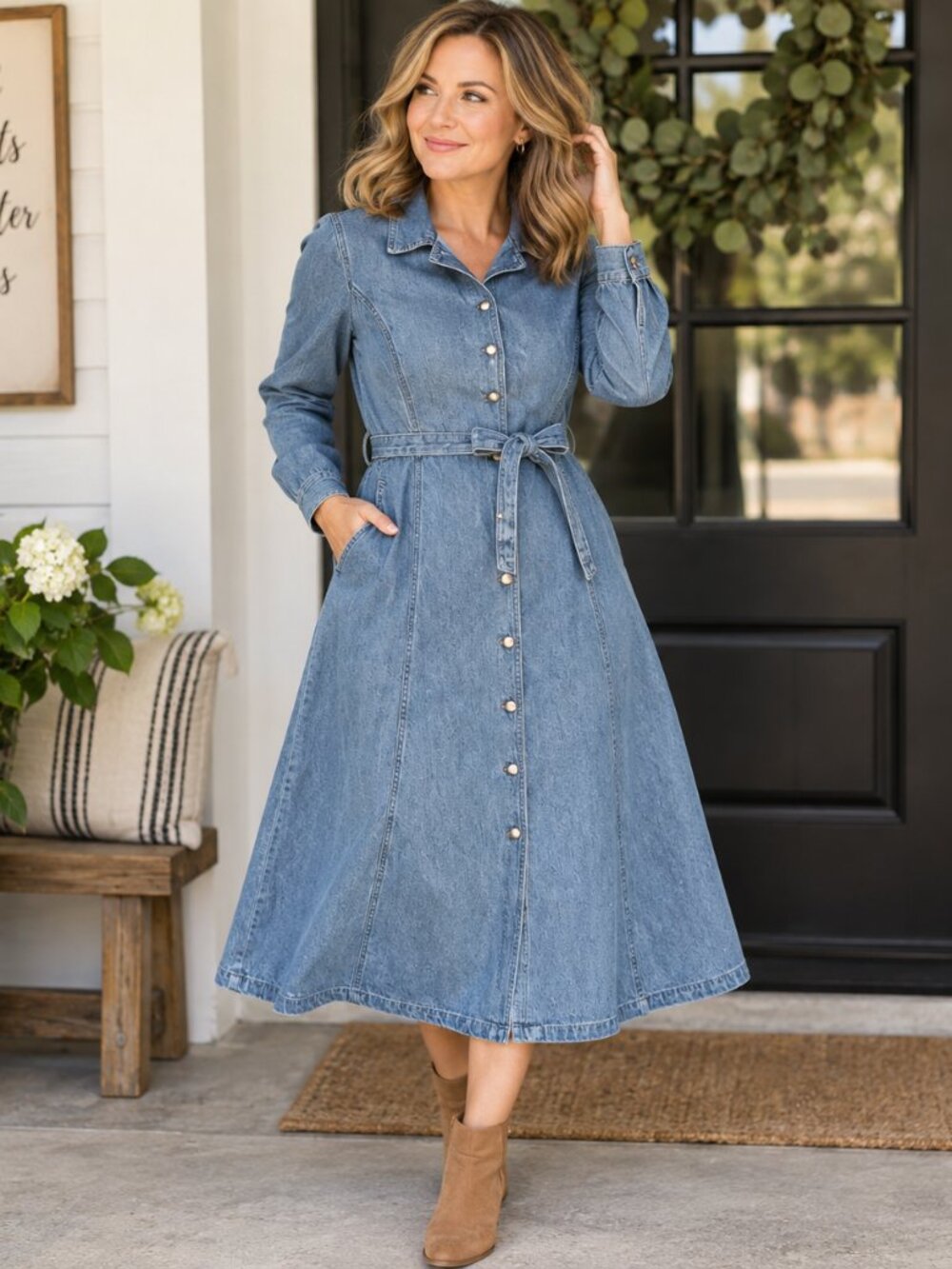 FADS Cotton Denim 14P Button-Front Dress
